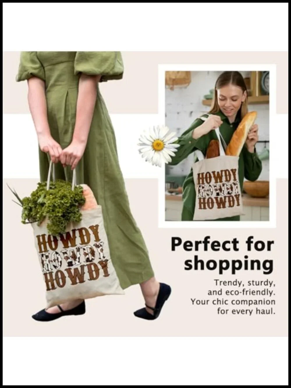 Vintage Western Canvas Tote Bag - Reusable Grocery Shopping Bag